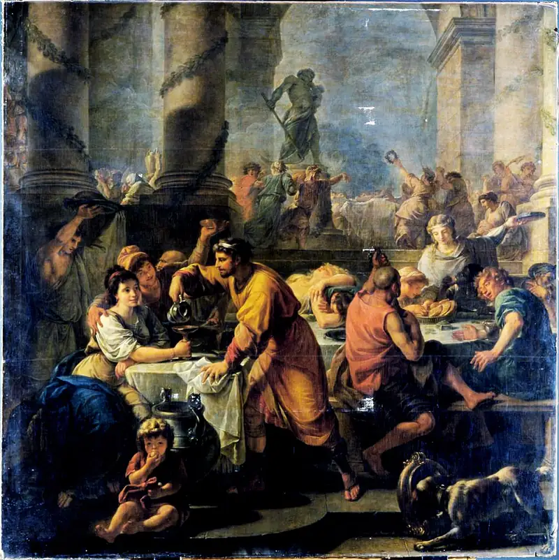 Peinture : sous des colonnes antiques, des Romains festoient, boivent et dansent pendant les Saturnales