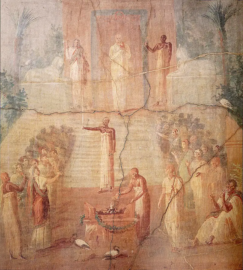 Fresque antique : des prêtres vêtus de blanc célèbrent un rite sur les marches d'un temple, devant des fidèles