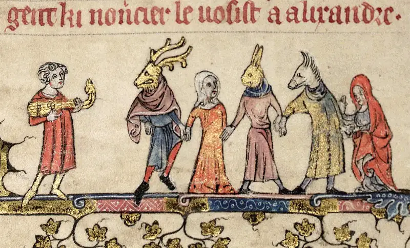 Enluminure médiévale : des danseurs portant des masques de cerf, de lièvre et de cheval font une ronde en se tenant la main
