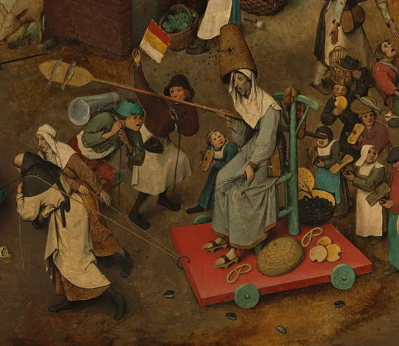 Détail de tableau : une femme maigre vêtue de gris, assise sur une charrette tirée par un moine et une nonne, avec des poissons et des bretzels