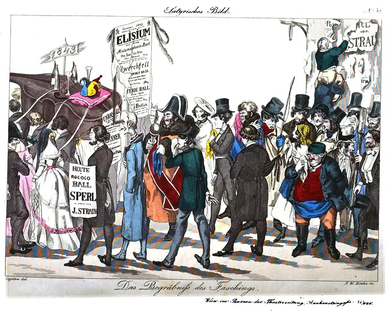 Gravure coloriée : un cortège funèbre de personnages en chapeau haut-de-forme porte le Carnaval en terre, sous des affiches de bals