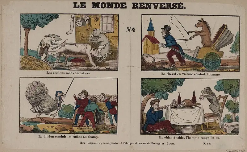 Feuille d'imagerie populaire en quatre cases : un cheval conduit une voiture tirée par un homme, un dindon mène des enfants, des bêtes servent les humains