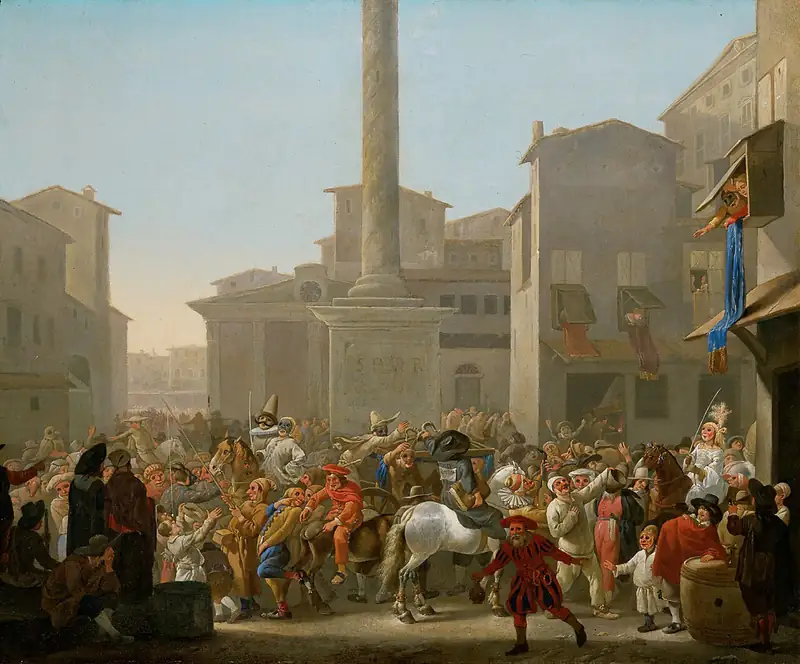 Peinture : sur une place de Rome dominée par une colonne antique, une foule masquée et des cavaliers font la fête