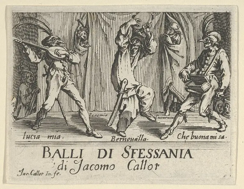 Eau-forte : trois acteurs masqués de la commedia dell'arte dansent devant un rideau, sous le titre Balli di Sfessania