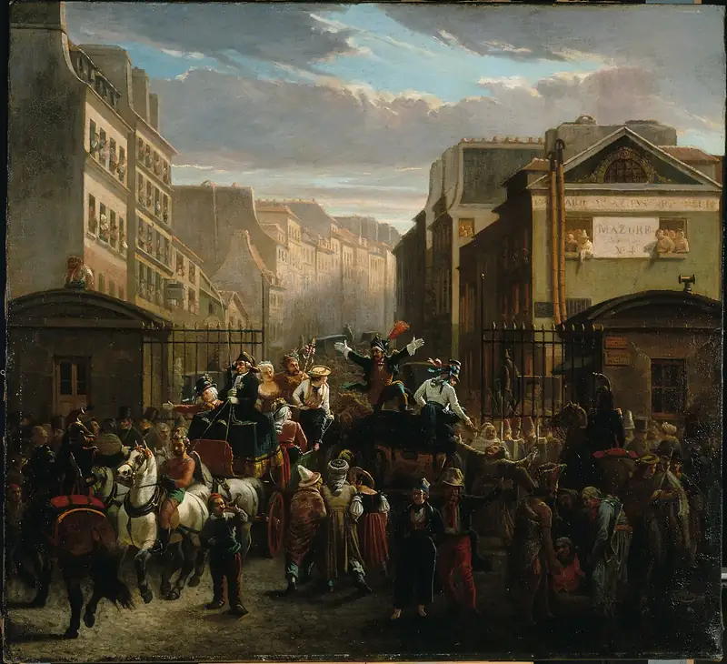 Peinture : au petit matin, une foule masquée et des voitures à chevaux descendent une rue de Paris en désordre