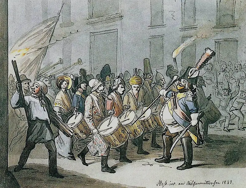 Aquarelle : de nuit, des tambours et des personnages masqués défilent dans une rue de Bâle à la lueur des lanternes
