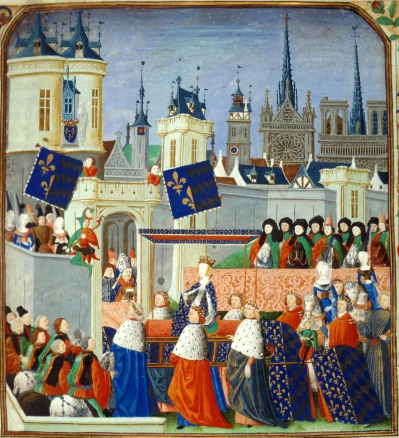 Miniature médiévale : la reine Isabeau, entourée de dames et de seigneurs, entre dans Paris sous les bannières fleurdelisées