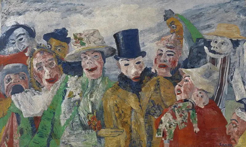 Peinture de James Ensor : une foule de personnages aux masques grotesques et colorés se presse, chapeaux et visages grimaçants
