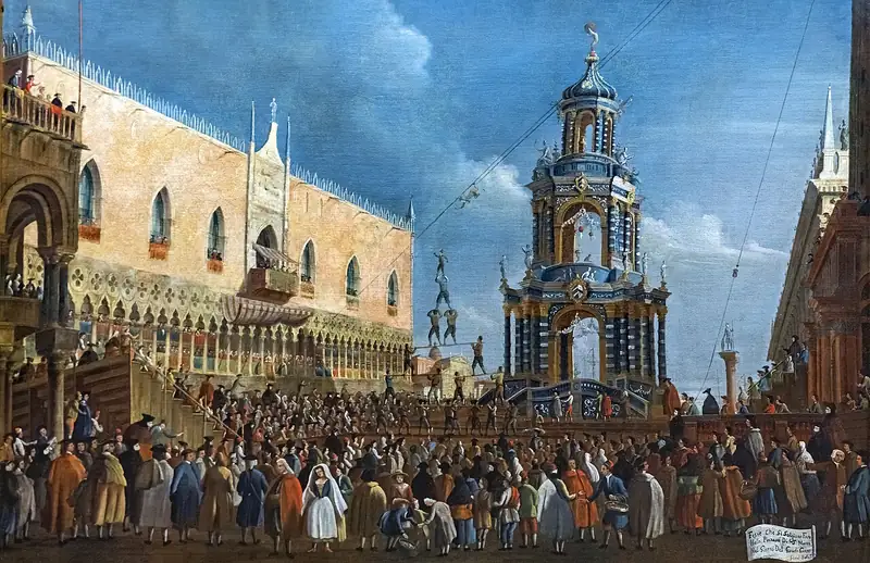 Peinture : sur la Piazzetta de Venise, devant le palais des Doges, une foule regarde des pyramides humaines et une grande machine de fête illuminée