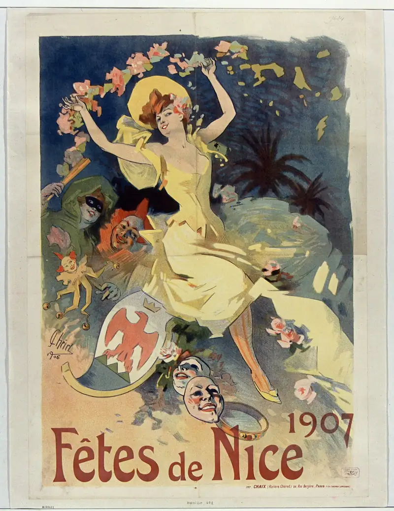 Affiche colorée de Jules Chéret pour les fêtes de Nice 1907 : une jeune femme en robe légère lance des fleurs