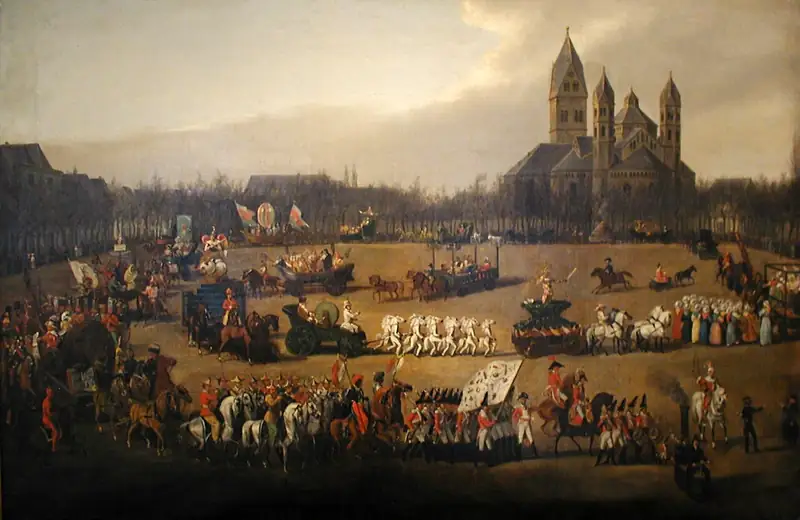 Peinture de 1836 : un défilé de chars et de cavaliers costumés traverse une grande place de Cologne bordée de spectateurs