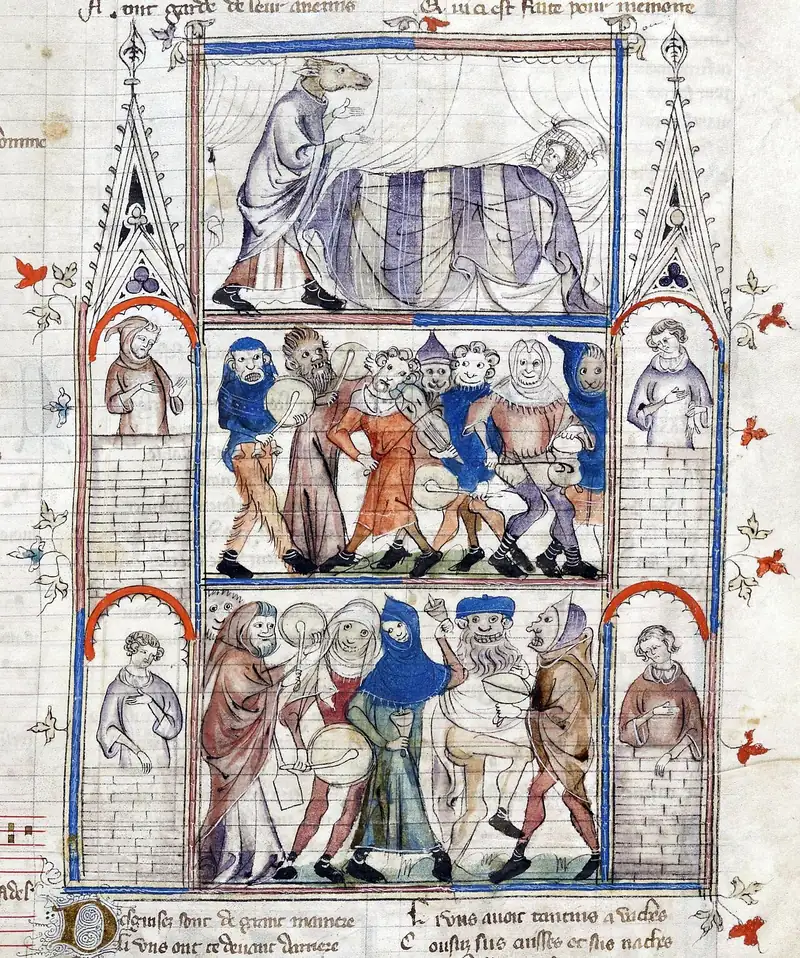 Enluminure médiévale : une bande de personnages masqués et déguisés défile en tapant sur des ustensiles