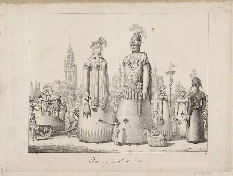Gravure ancienne : le géant Gayant, sa femme et leurs enfants défilent dans les rues de Douai devant la foule