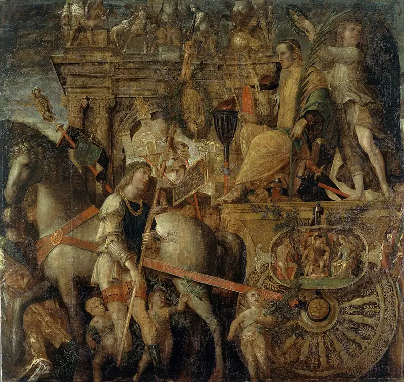 Peinture de Mantegna : Jules César sur un char doré, entouré de soldats portant des lauriers et des trophées