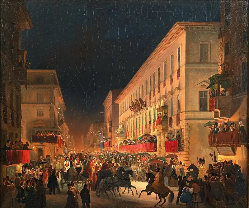 Peinture nocturne : la grande rue de Rome illuminée par des milliers de petites bougies tenues par la foule